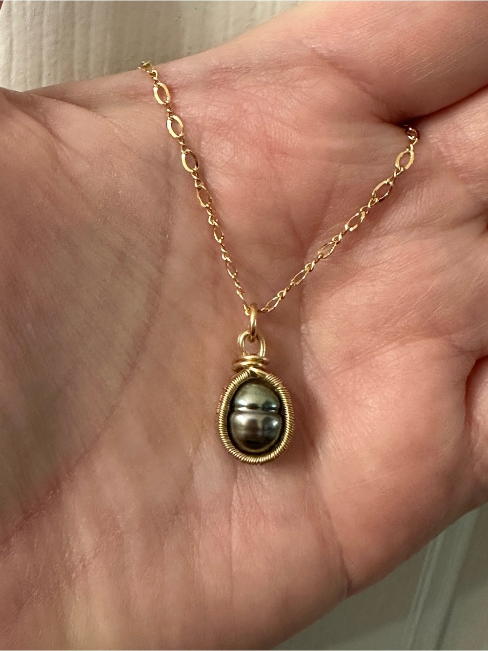 Tahitian Pearl Necklace Gold-Filled Wire-Wrapped Pendant Unique Hawaii 18” NWOT